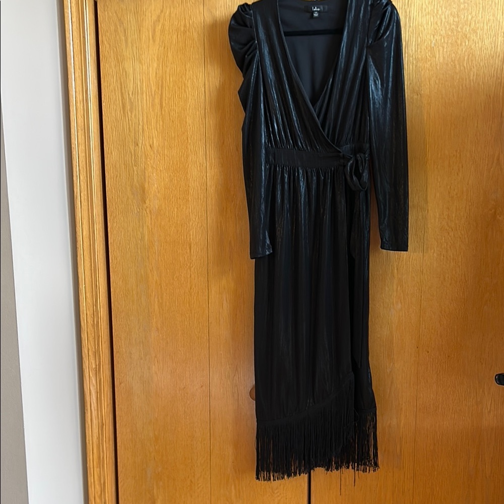 Elegant Black Wrap Dress with Fringe